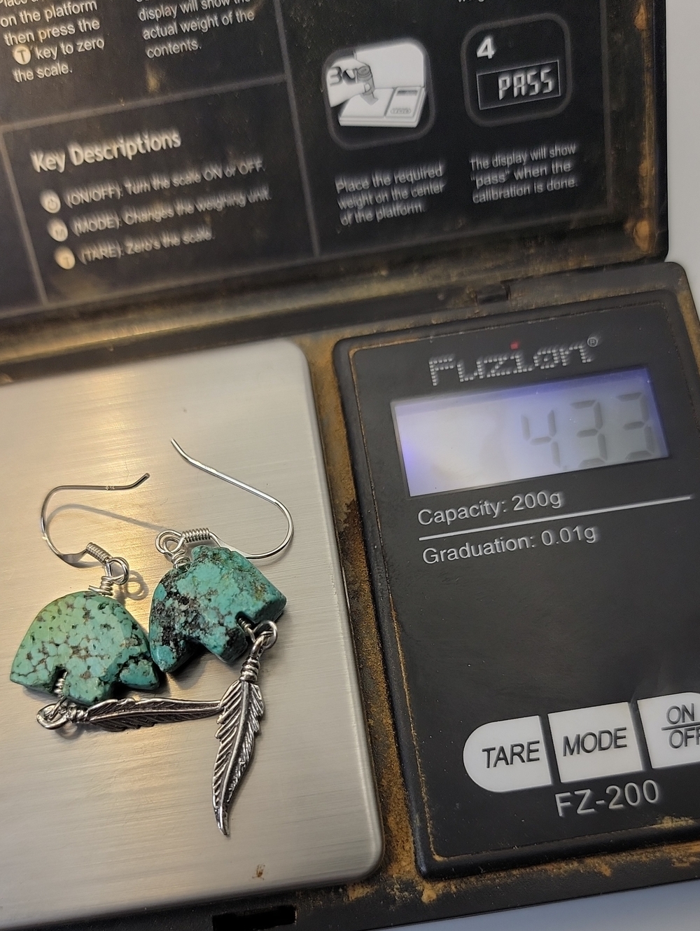 NEW Sterling Silver Kingman Turquoise Carved Bear & Feather Dangle Earrings - Picture 8 of 10